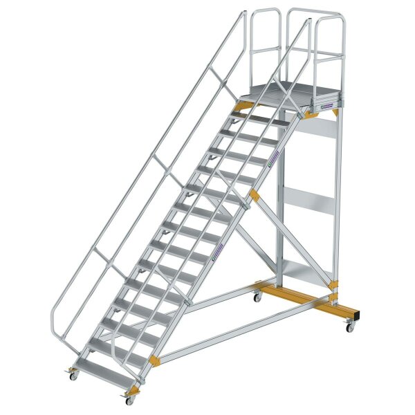 Plattformtreppe 45&deg; fahrbar Stufenbreite 1000mm 15 Stufen Aluminium geriffelt