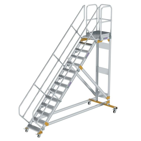 Plattformtreppe 45° fahrbar Stufenbreite 600 mm 14 Stufen Aluminium geriffelt