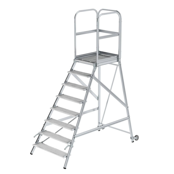 Podesttreppe eins. begehbar mit Rollen und Griffen Stahl-Gitterrost 8 Stufen, Plattformhöhe: 1,92m