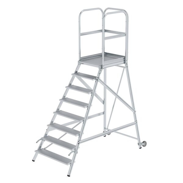 Podesttreppe einseitig begehbar mit Rollen und Griffen Aluminium geriffelt 8 Stufen, Plattformhöhe: 1,92m