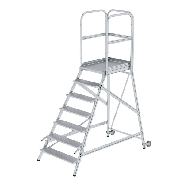 Podesttreppe einseitig begehbar mit Rollen und Griffen Aluminium geriffelt 7 Stufen, Plattformhöhe: 1,68m