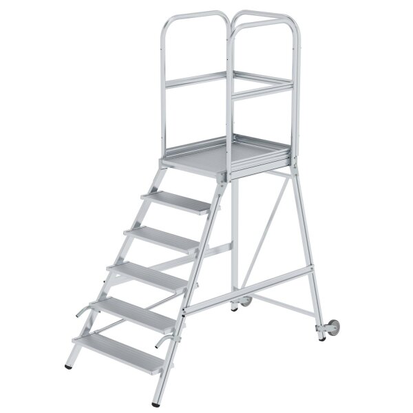 Podesttreppe einseitig begehbar mit Rollen und Griffen Aluminium geriffelt 6 Stufen, Plattformhöhe: 1,44m