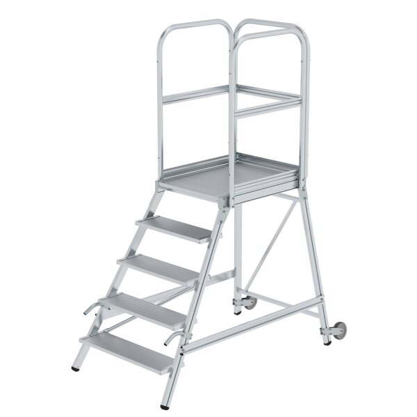 Podesttreppe einseitig begehbar mit Rollen und Griffen Aluminium geriffelt 5 Stufen, Plattformhöhe: 1,20m