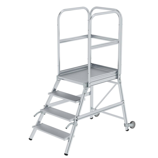 Podesttreppe einseitig begehbar mit Rollen und Griffen Aluminium geriffelt 4 Stufen, Plattformhöhe: 0,96m