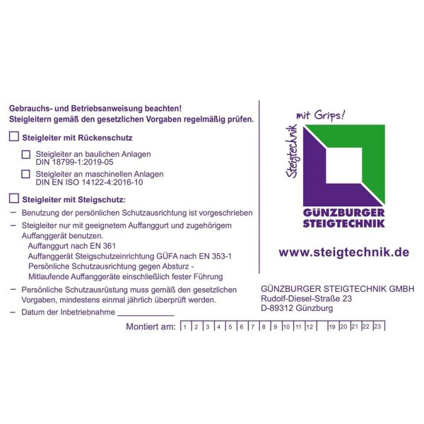Kennzeichnungsschild für Steigschutzeinrichtung f. Steigschutz