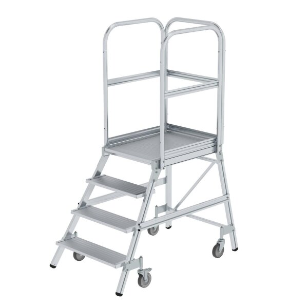 Podesttreppe einseitig begehbar mit Federrollen Aluminium geriffelt 4 Stufen, Plattformhöhe. 96cm