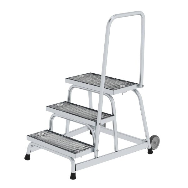 Arbeitspodest starr Stahl-Gitterrost mit Rollen und Handlauf 3 Stufen, Podesthöhe 60cm