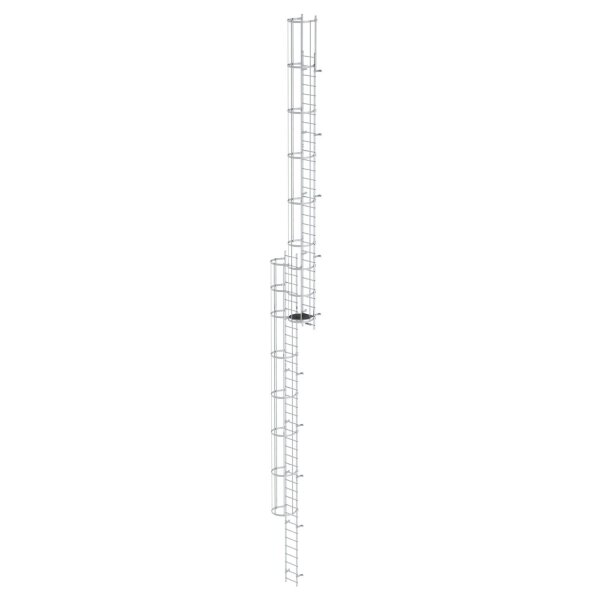 Mehrzügige Steigleiter mit Rückenschutz, Aluminium blank 18,28m