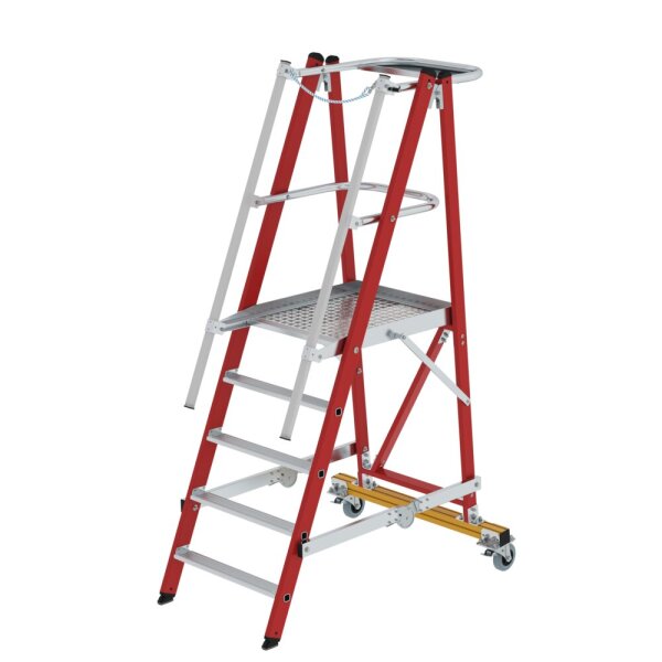 Plattformleiter GFK/Alu klappbar und fahrbar mit GFK-Handlauf 5 Stufen (AH 3,15m)