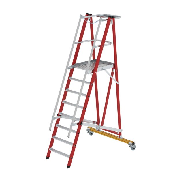 Plattformleiter GFK/Alu klappbar und fahrbar mit GFK-Handlauf 8 Stufen (AH 3,85m)